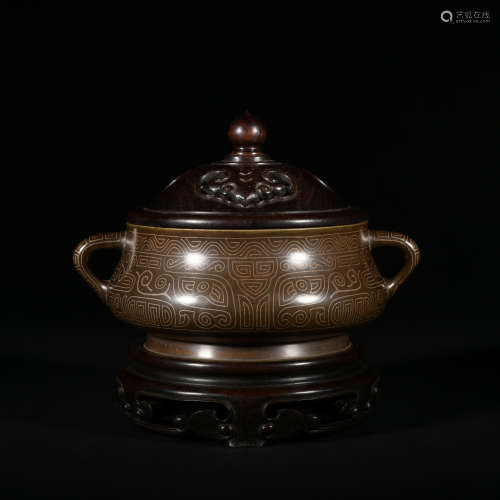 A bronze censer ware with silver,Qing Dynasty