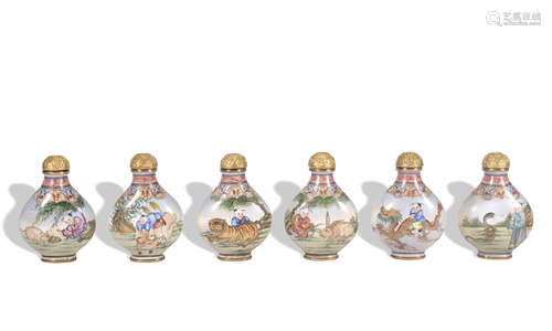 A set of enamel 'figure' snuff bottle