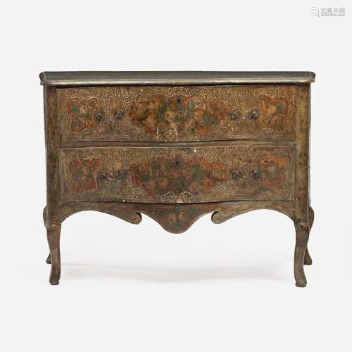 An Italian Rococo Polychrome Painted and Parcel Gilt Commode...