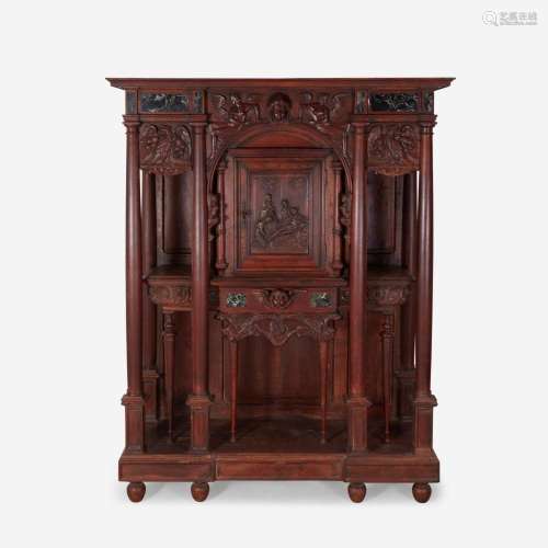 A French Renaissance Marble-Inlaid Walnut meuble a deux corp...