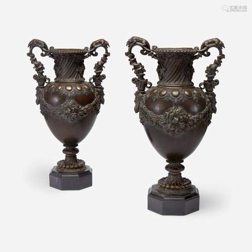 A Pair of Patinated Bronze Urns likely French, 19th century