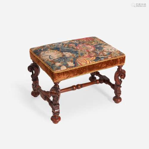 A Queen Anne Needlework Upholstered Walnut and Beechwood Sto...