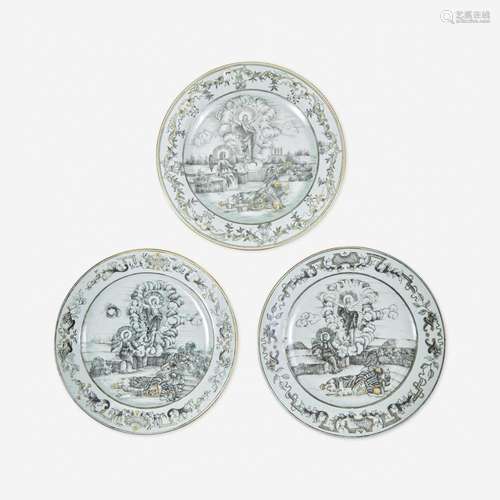 Three Chinese Export Porcelain Grisaille and Gilt Decorated ...