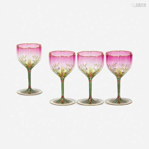 A Set of Four Austrian Art Nouveau Enameled Glass Wine Glass...