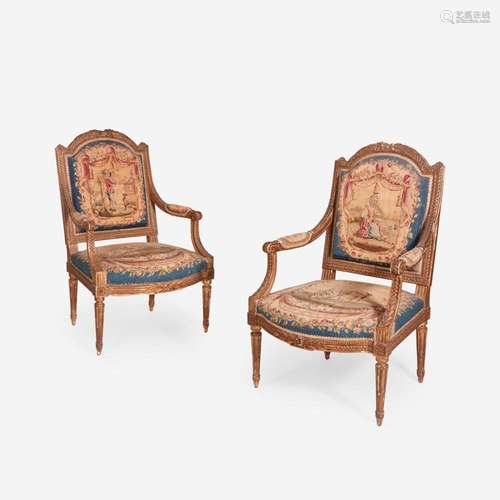 A Pair of Louis XVI Style Giltwood fauteuil à la reine circa...