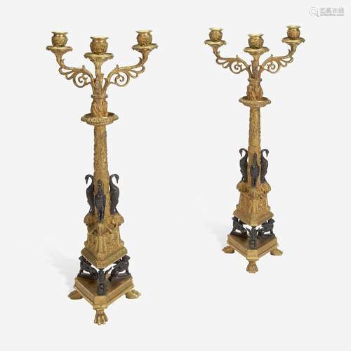 A Pair of Empire Gilt and Patinated Bronze Three-Light Cande...