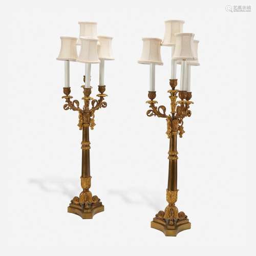 A Pair of Empire Gilt and Patinated Bronze Four-Light Candel...