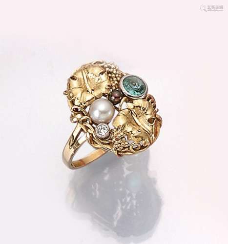 18 kt gold ring with cultured pearls, colouredstone and bril...