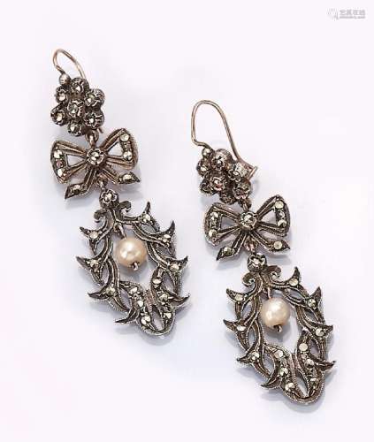 Pair of 14 kt gold and silver earrings with marcasites and p...