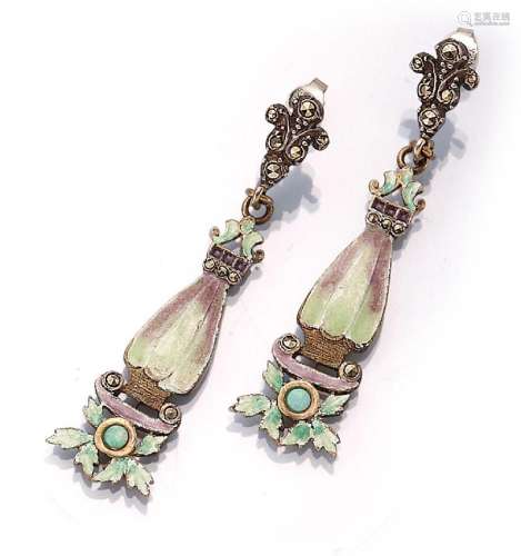 Pair of earrings with enamel and marcasites
