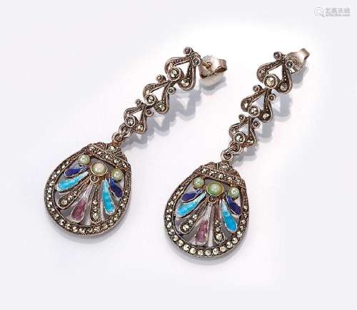 Pair of earrings with enamel and marcasites
