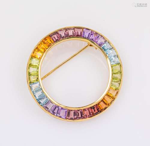 14 kt gold circlebrooch with coloured stones