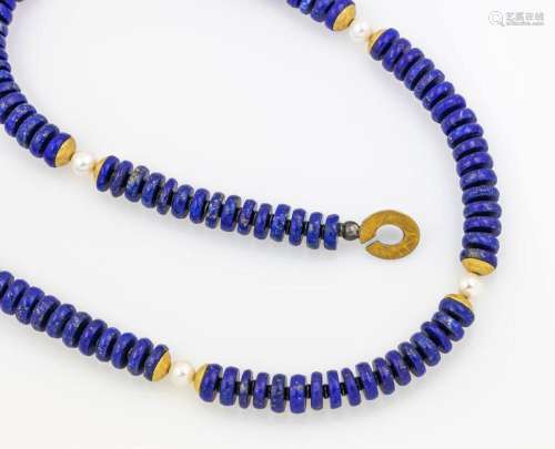 Design lapis lazuli chain with cultured pearls and gold inte...