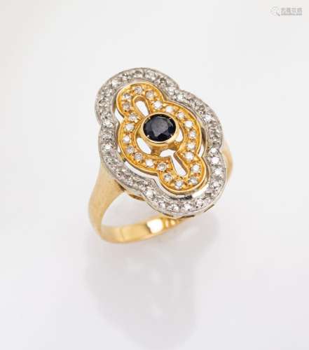18 kt gold ring with diamonds and sapphire