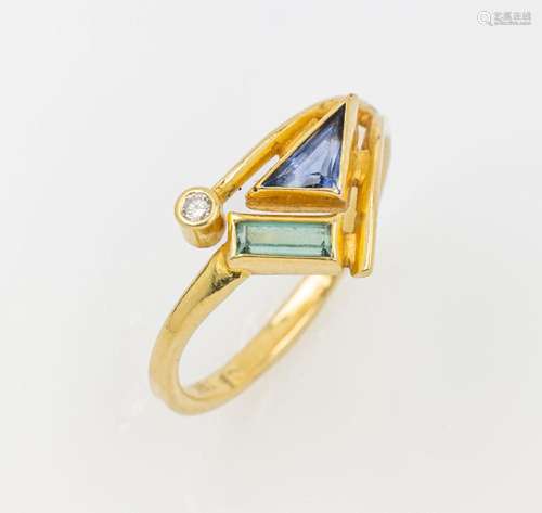 18 kt gold ring with coloured stones and brilliant