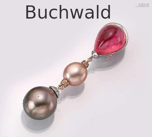 18 kt gold pendant with pearls, rubelite and brilliants