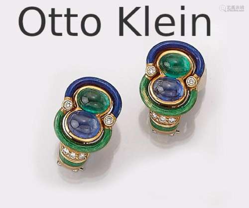 Pair of 18 kt gold earrings with coloured stones and brillia...