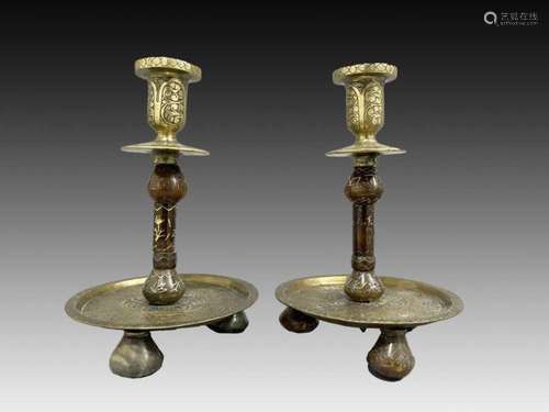 Pair Of Jade Candlesticks With Silver Inlay & Gold Decor...