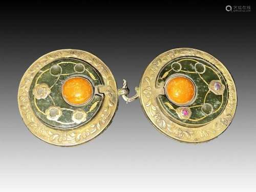 Ottoman Jade Amber & Jewel Set Belt Buckle On Silver, Tu...