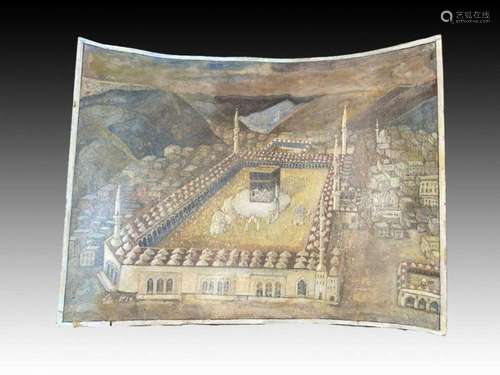 Ottoman Painting Of Kaaba on Cardboard, Signed & Dated