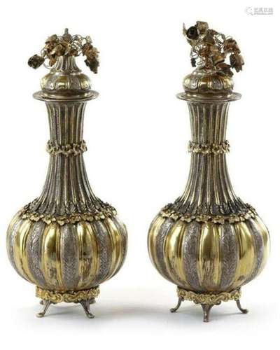 Pair Of Ottoman Silver & Gilt Vases With Covers, 19th Ce...