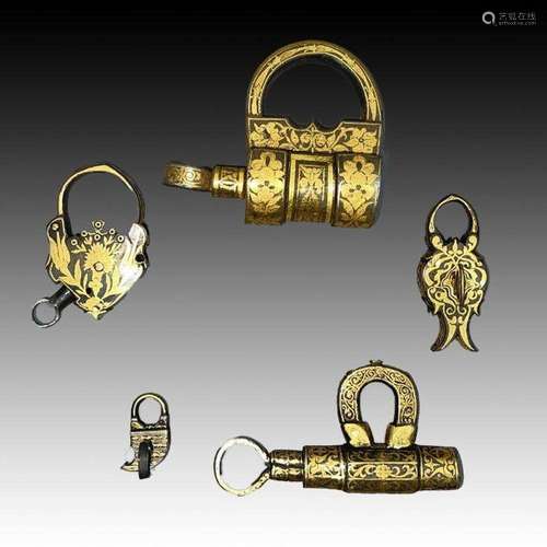 FIVE OTTOMAN GOLDEN INLAY PADLOCKS WITH KEYS, TURKEY, 18TH/1...