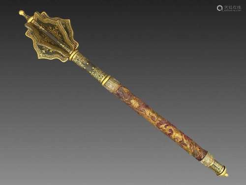 AN OTTOMAN DAMASCENED GOLDEN INLAY STEEL MACE, TURKEY 18TH C...