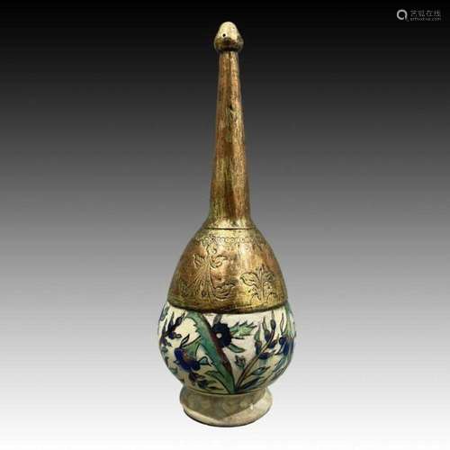 Rare Ottoman Iznik & Copper Gilt Tombak Top Rosewater Sp...