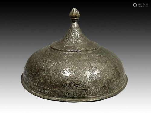 A Damascene Silver Inlay Islamic Helmet Top, 18th Century