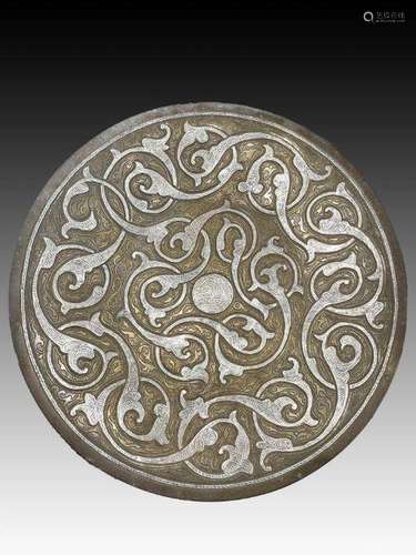 A Damascene Bronze & Silver Inlaid Plate, 19th Century