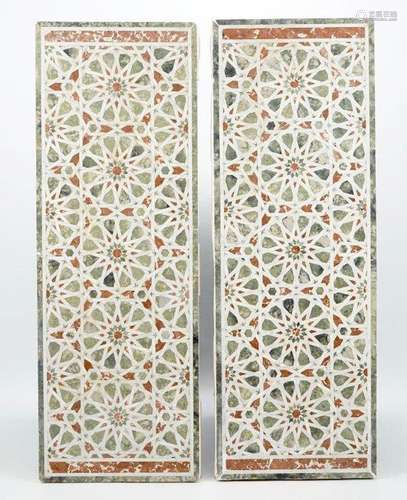 A PAIR OF LARGE GEOMETRIC INLAID POLYCHROME MARBLE PIETRA DU...