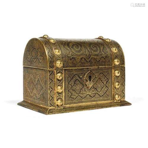 A Spanish Toledo Gold Inlay damascened steel Box 19th centur...