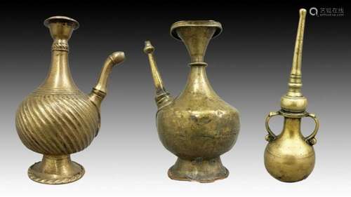 3 INDIAN BRASS BOTTLE & ROSEWATER SPRINKLERS 17TH/18TH C...