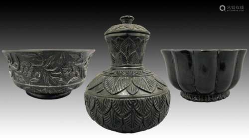 MUGHAL STYLE JADE ENGRAVED BOTTLE & RIBBED BOWL SET, 20T...