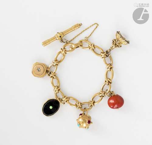 Bracelet en or 18K (750), orné de 6 pampilles en or 18K, 14K...