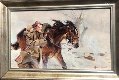 OIL ON BOARD SOILDER WITH HORSE SIGNED BY WOJCIECH