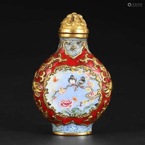 AN ENAMELLED BRONZE FLORAL SNUFF BOTTLE