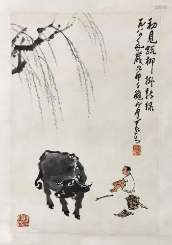 CHINESE SCROLL PAINTING OF BOY AND OX SIGNED BY LI