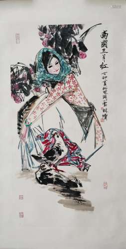 CHINESE SCROLL PAINTING OF GIRL WITH DOVE SIGNED BY LIN