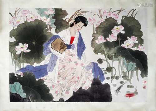 CHINESE SCROLL PAINTING OF BEAUTY WITH LOTUS SIGNED BY