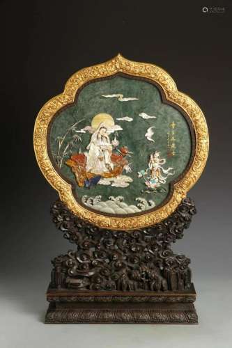 CHINESE GEMSTONE INLAID CLOISONNE PLAQUE ROSEWOOD TABLE