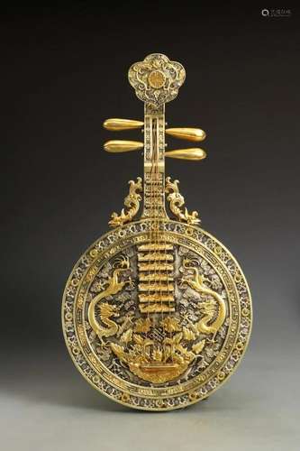 CHINESE GILT BRONZE PIPA ZINETH