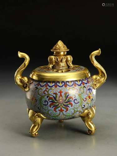 CHINESE CLOISONNE FLOWER TRIPLE FEET LIDDED INCENSE