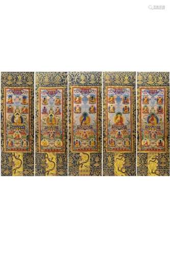 FIVE PANELS OF CHINESE EMBROIDERY SEATED BUDDHA THANGKA