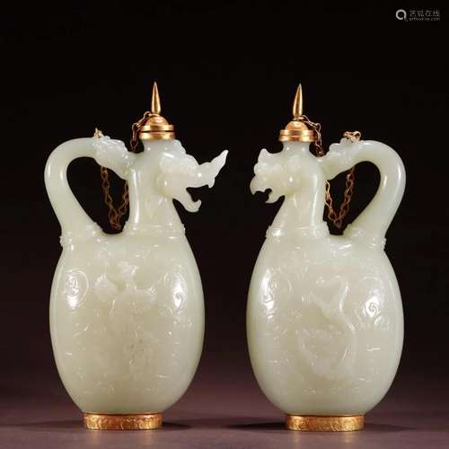 PAIR OF CHINESE GOLD MOUNTED WHITE JADE DRAGON HANDLED