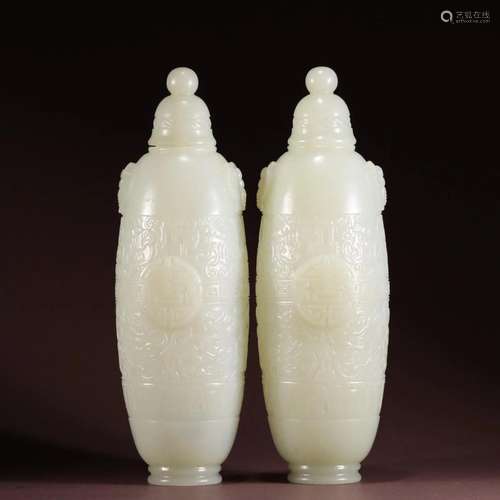 PAIR OF CHINESE WHITE JADE CRAVED LIDDED VASES