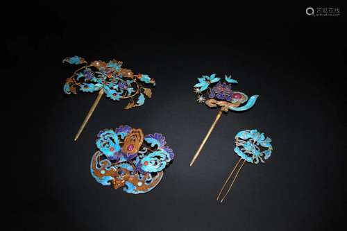 FOUR CHINESE SILVER ENAMEL HAIR PINS