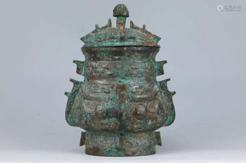 CHINESE ANCIENT BRONZE BEAST FACE LIDDED ZUN VASE