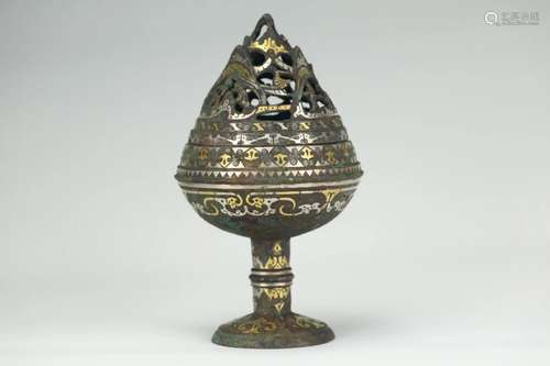 CHINESE SILVER GOLD INLAID BRONZE BOSHAN INCENSE CAGE