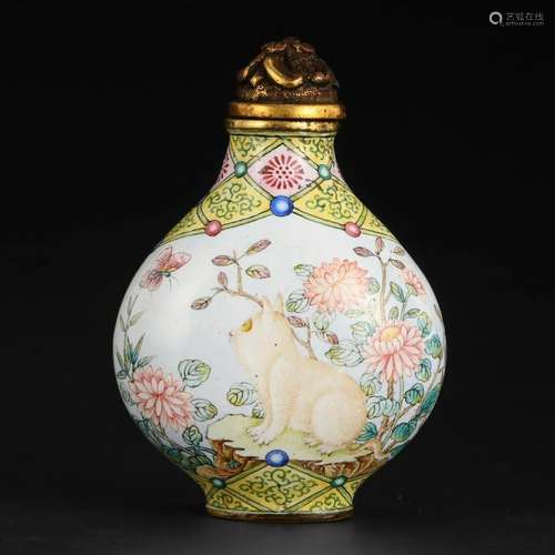 AN ENAMELLED BRONZE 'FLOWERS AND BIRDS' SNUFF BOTTLE